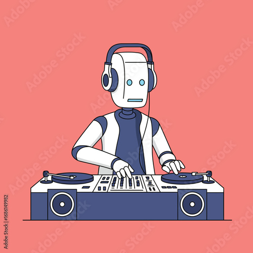 A cartoon robot DJ mixing music on turntables with headphones on a colorful background.