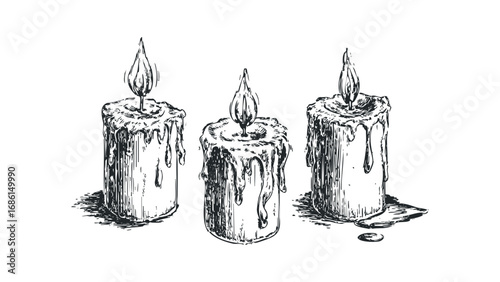 Three burning candles with melting wax drips hand drawn sketch. Vector hand drawn illustration