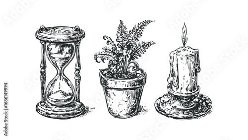 Engraving style still life of hourglass, potted fern, and lit candle. Vector hand drawn illustration