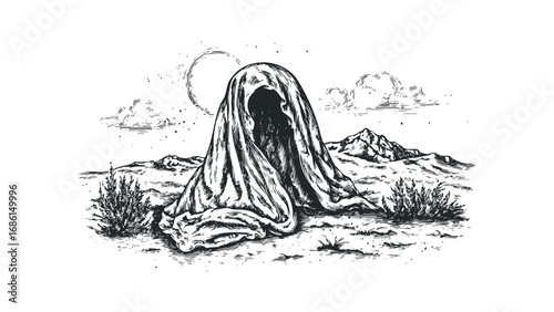 Figure shrouded in cloth under a crescent moon in a desolate landscape. Vector hand drawn illustration