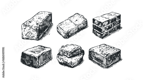 Six various textured stone blocks and bricks in a sketch style. Vector hand drawn illustration