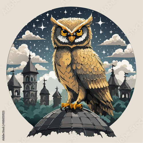 observatory owl perched on ruined telescope dome rim surveying silent cityscape
