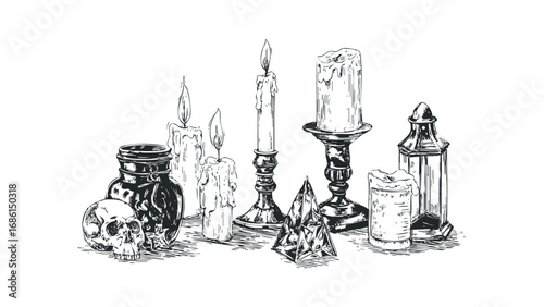 Sketch of Halloween scene with skull, candles and bottles. Vector hand drawn illustration