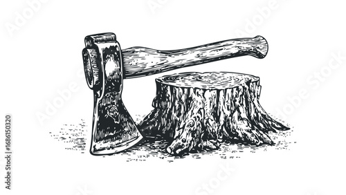 Vintage woodcut style axe and tree stump illustration. Vector hand drawn illustration