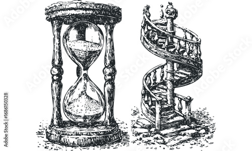 Vintage hourglass and spiral staircase drawing on transparent background. Vector hand drawn illustration