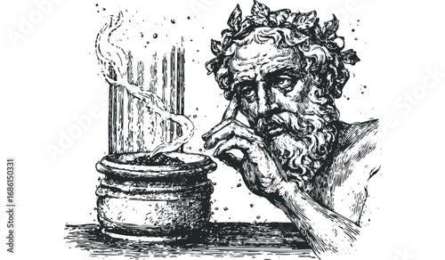 Vintage Sketch of a Man with Laurel Wreath Contemplating Smoke From a Pot. Vector hand drawn illustration