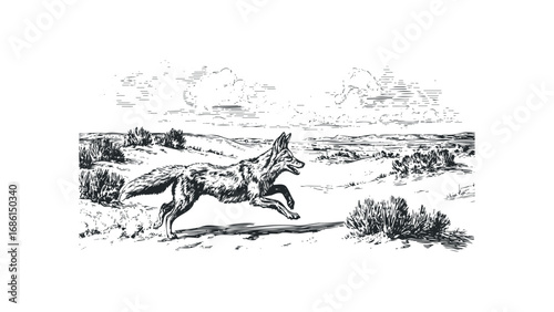 Sketch of a coyote running through a desert landscape with sparse brush and clouds. Vector hand drawn illustration