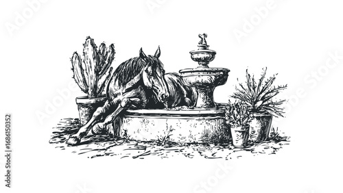 Sketch of a horse resting by a fountain with potted cacti. Vector hand drawn illustration