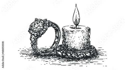 Engraved Ring and Lit Candle on Transparent Background. Vector hand drawn illustration