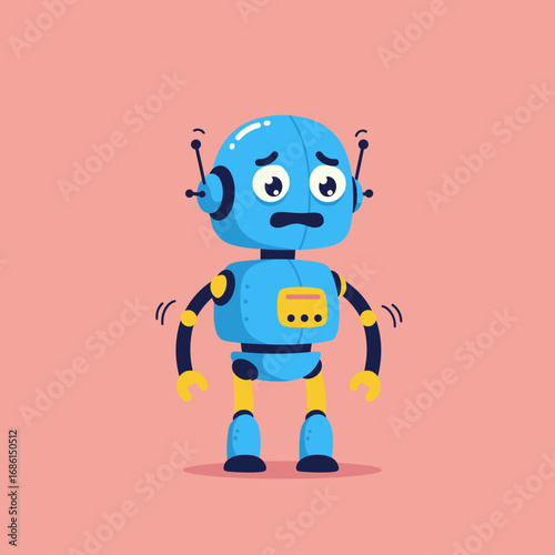 A sad blue robot with a round head and antennas, looking worried against a pink background.