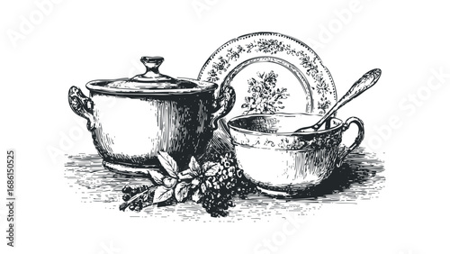 Antique porcelain teacup with floral design and serving pot with berries. Vector hand drawn illustration