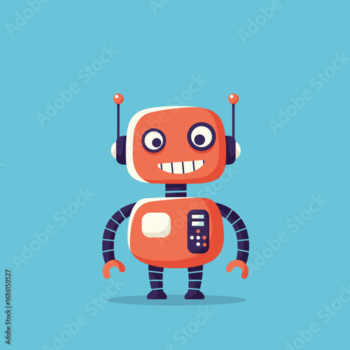A cheerful cartoon robot with a smiling face and antennas, designed in a playful style.