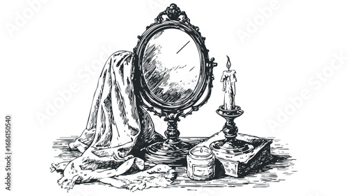 Antique oval mirror draped with fabric beside lit candle and book. Vector hand drawn illustration
