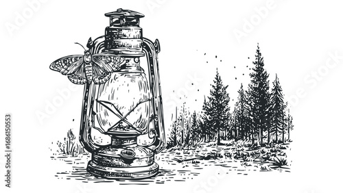 Old kerosene lantern with butterfly perched on top in a forest clearing. Vector hand drawn illustration