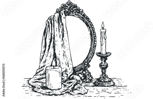 Sketch of an antique mirror with drapery and two lit candles. Vector hand drawn illustration