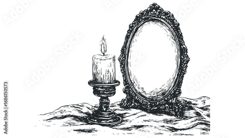 Ornate oval mirror and lit candle on draped fabric sketch. Vector hand drawn illustration