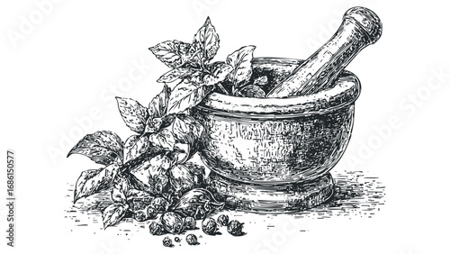 Vintage-style ink drawing of a mortar and pestle with basil and peppercorns. Vector hand drawn illustration
