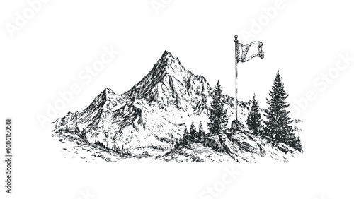 Mountain peak with flag and pine trees sketch on white. Vector hand drawn illustration