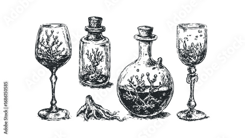 Collection of glass bottles and goblets containing botanical specimens and sea life. Vector hand drawn illustration