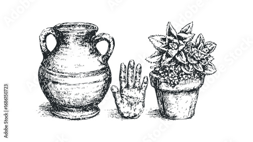 Hand reaching towards potted succulent and antique amphora sketch. Vector hand drawn illustration