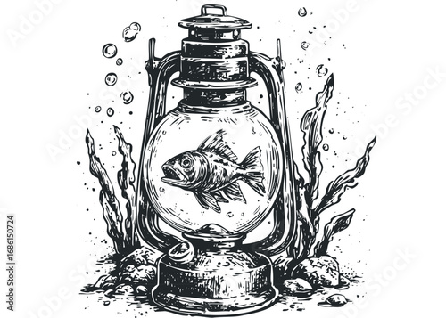 Fish trapped inside a lantern surrounded by aquatic plants and bubbles. Vector hand drawn illustration