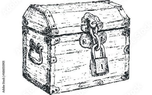 Hand Drawn Wooden Chest with Secured Padlock Graphic. Vector hand drawn illustration
