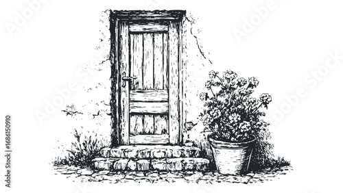 Ornate Wooden Doorway with Potted Geraniums and Stone Steps. Vector hand drawn illustration