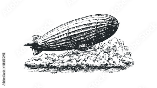 Detailed ink sketch of a vintage airship floating above fluffy clouds on a white background. Vector hand drawn illustration