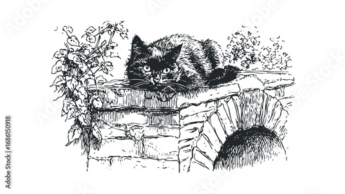 Black cat lying on a stone ledge with vines. Vector hand drawn illustration