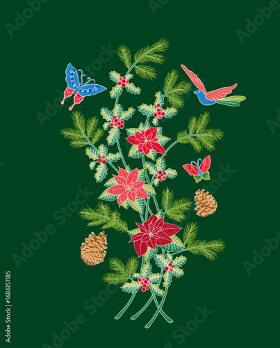 Christmas Nyonya Batik Pattern. Bouquet of european holly (Ilex Aquifolium), Poinsettia, Pine Cones and Christmas tree branches.