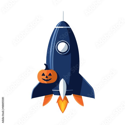 Rocket with a jack-o'-lantern attached, launching in a whimsical, Halloween style