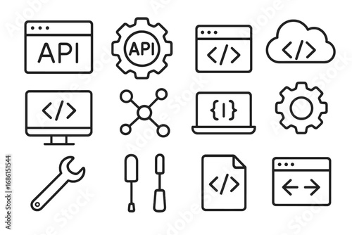 API software development outline icon set. Programming code, web application interface, and cloud computing technology linear icons. Simple developer tools vector symbols.