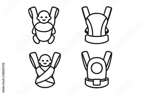Baby carriers icon set for parenting and child care. Babywearing essentials in line art style. Vector illustration of baby sling, wrap, and structured carrier for infants.