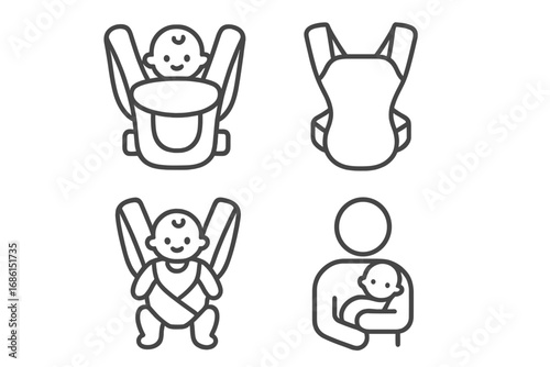 Baby carriers icon set. Parenting and child care essentials in line style. Vector illustration for babywearing, newborn, sling, parent holding infant, family accessories.