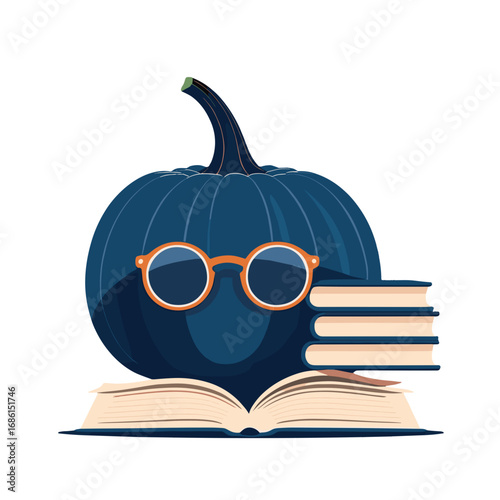 Studious Halloween pumpkin with glasses resting on an open book with stacked books
