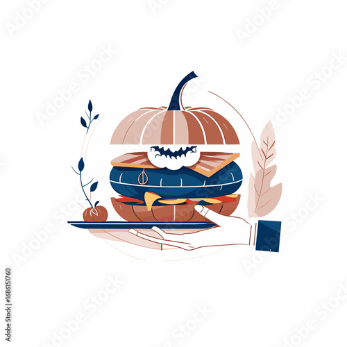 Creative Halloween pumpkin burger on a platter served with a small pumpkin