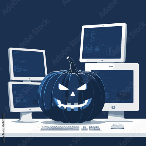 Angry Halloween pumpkin at a tech workspace with multiple monitors