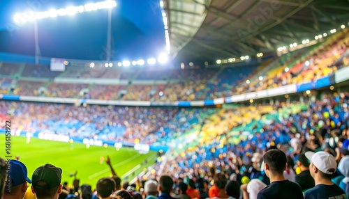 Blurred view of a packed stadium during a sporting event.  Crowd cheering, lights