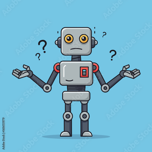 A cartoon robot with a puzzled expression, raising its hands in confusion.