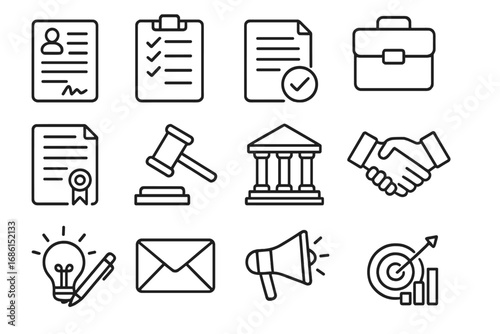 Business and legal line icon set for marketing and finance. Vector icons for contract, document, justice, and strategy. Includes handshake, gavel, target, and courthouse.