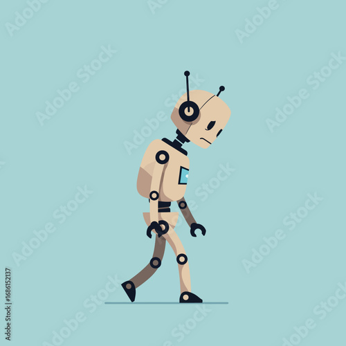 A sad, cartoonish robot character walking slowly, expressing a sense of melancholy.