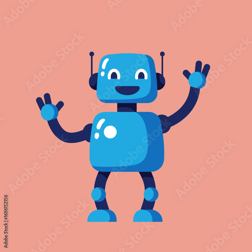 A cheerful blue robot character waving, designed in a playful style.