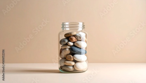 Smooth Stones in a Clear Jar with on a Neutral Background  Calm  Natural Concept.