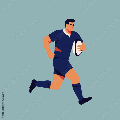 A rugby player in motion, holding a ball, showcasing athleticism and sportsmanship.