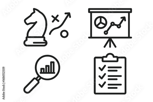 Business strategy and data analytics icon set. Icons for management, marketing research, planning, and financial growth. Presentation, checklist, and chess knight symbols.