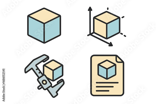 3D model icon set for engineering and design. Vector outline symbols of a cube, dimensional measurement with caliper, and technical blueprint for prototyping and development process.