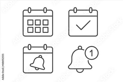 Calendar and reminder line icon set. Schedule, appointment, event date, and notification bell symbols. Time management and planning concepts for web or mobile app UI vector.