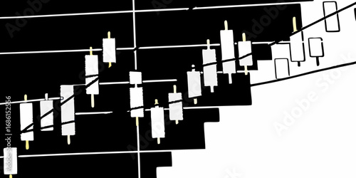 Illustration of a candlestick chart with an upward trend against a black and white background on transparent background
