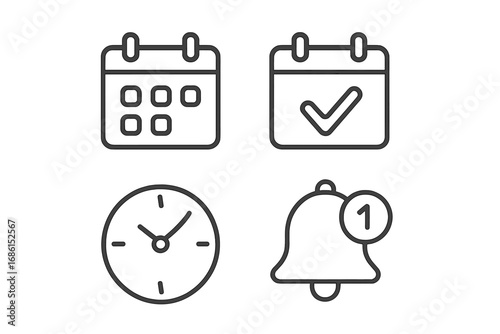 Calendar and reminder icon set. Schedule and notification icons in line style. Vector for time management, event planning, date, deadline, and appointment concepts.