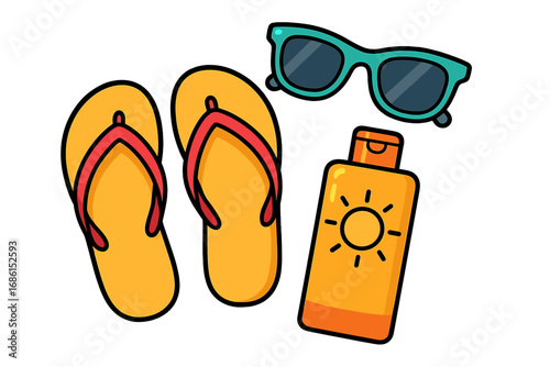 Summer beach vacation essentials icon set. Colorful cartoon vector illustration of flip flops, sunglasses, and sunblock. Holiday travel accessories for sun protection.